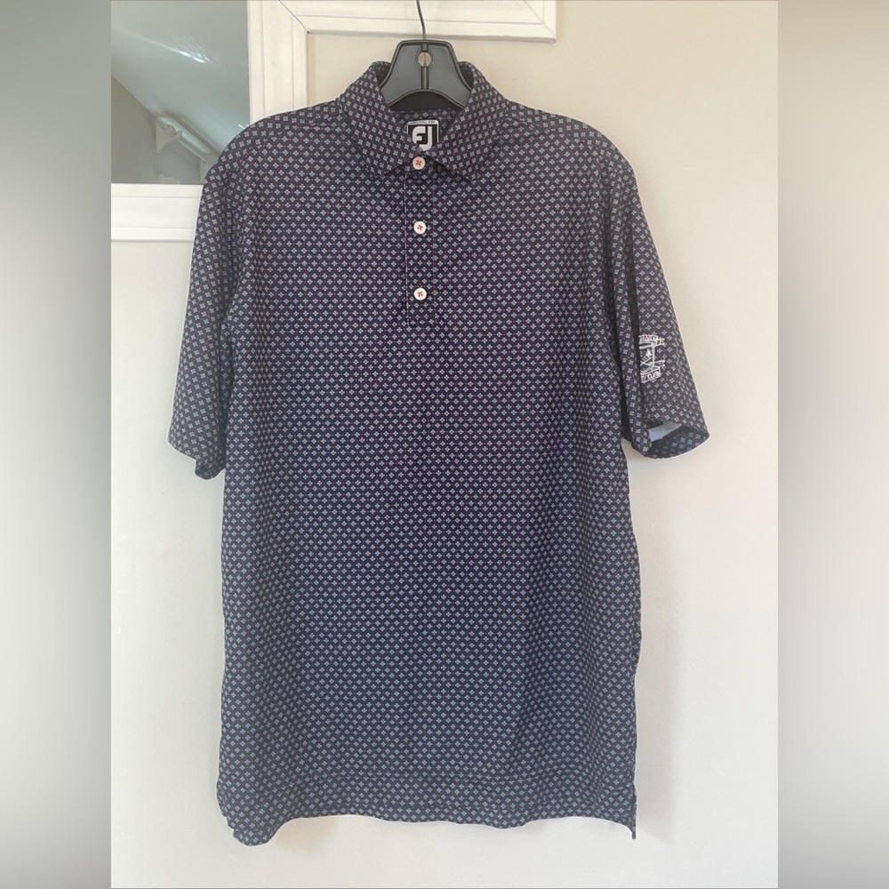 FootJoy Men’s Navy White Red Geometric Micro Print Golf Polo Athletic Fit Size M
